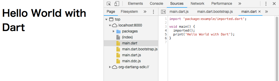 webdev serve で dart の source map が表示されている様子